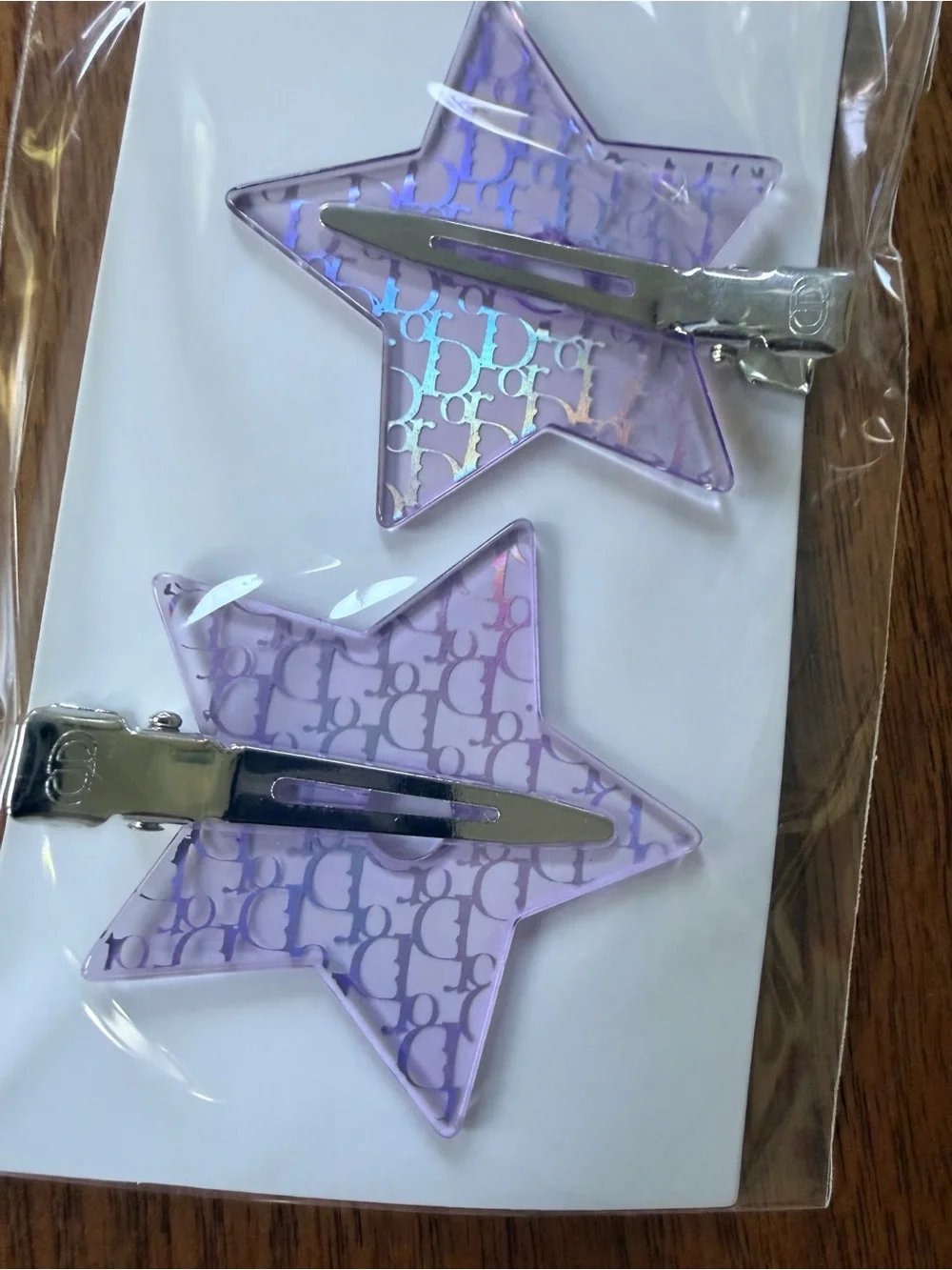 Dior Iridescent Purple Branded Star Set of 2 Alligator Style Barrettes NEW SEALE